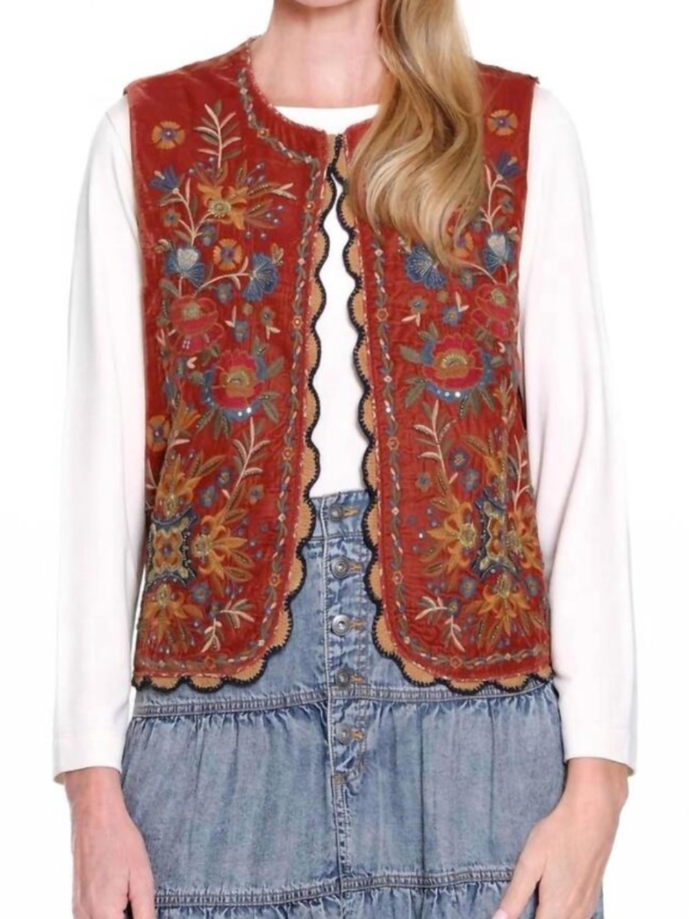 JOHN MARK Embroidered Patchwork Boho Vest XL Terracotta Velvet Beaded Floral